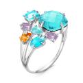 Кольцо из серебра с пл.кварцем цв.топаз,аметист,цитрин и фианитами родированное