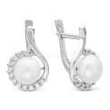 Серьги из серебра с жемчугом и фианитами родированные