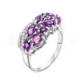 Кольцо из серебра с аметистом и фианитами родированное