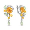 Серьги из серебра с пл.кварцем цв.хризолит, цитрин и фианитами родированные