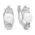 Серьги из серебра с жемчугом и фианитами родированные
