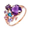 Кольцо из золочёного серебра с кварцем топаз, кварцем аметист и фианитами