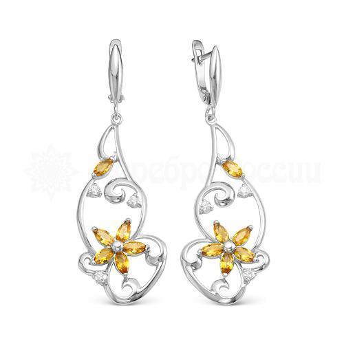 Серьги из серебра с кварцем и фианитами родированные