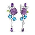 Серьги из серебра с пл.кварцами цв.аметист, топаз, хризолит и фианитами родированные