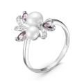 Кольцо из серебра с жемчугом, кварцем аметист и фианитами родированное