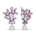 Серьги из серебра с жемчугом, кварцем аметист и фианитами родированные