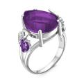 Кольцо из серебра с аметистом, кварцем и фианитами родированное