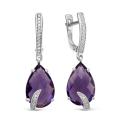 Серьги из серебра с гт кварцем аметист и фианитами родированные