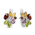 Серьги из серебра с гранатом, аметистом, хризолитом и цитрином родированные