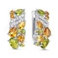 Серьги из серебра с цитрином, наноцитрином, хризолитом, нанохризолитом и фианитами родированные