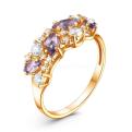Кольцо из золочёного серебра с плавленым кварцем цвета аметист и фианитами