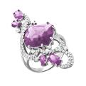 Кольцо из серебра с кварцем аметист и цирконием родированное
