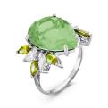 Кольцо из серебра с пл.кварцем цв.празиолит и фианитами родированное