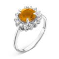 Кольцо из серебра с пл.кварцем цв.цитрин и фианитами родированное