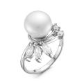 Кольцо из серебра с жемчугом и фианитами родированное
