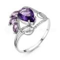 Кольцо из серебра с пл.кварцем цв.аметистом и фианитами родированное