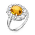 Кольцо из серебра с пл.кварцем цв.цитрин и фианитами родированное