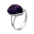 Кольцо из серебра с пл.кварцем цв.аметист и кб.цирконием родированное