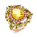 Кольцо из золочёного серебра с пл.кварцем цитрин, пл.кварцем хризолит и циркониями