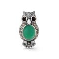 Брошь-кулон из чернёного серебра с нат.гранатом, нат.зеленым агатом и марказитами - Сова