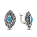 Серьги из серебра с синт. бирюзой и марказитами родированные