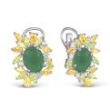 Серьги из серебра с зеленым агатом, кварцем и фианитами родированные