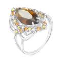 Кольцо из серебра с пл.кварцем цв.раухтопаз и фианитами родированное