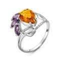 Кольцо из серебра с пл.кварцем цв.цитрин, цв.аметист и фианитами родированное