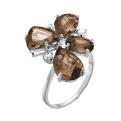 Кольцо из серебра с пл.кварцем цв.раухтопаз и фианитами родированное