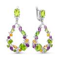 Серьги из серебра с гт кварцем аметист, хризолит, цитрин и фианитами родированные
