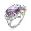 Кольцо из серебра с пл.кварцами цв.аметист, топаз,цитрин и фианитами родированное