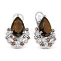 Серьги из серебра с кварцем раухтопаз и фианитами родированные