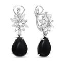 Серьги из серебра с чёрным агатом и фианитами родированные