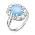 Кольцо из серебра с голубым опалом и фианитами родированное