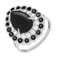 Кольцо из серебра с чёрным агатом и фианитами родированное - фото