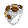 Кольцо из серебра с пл.кварцем раухтопаз, цитрин и фианитами родированное