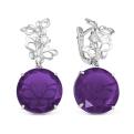 Серьги из серебра с кварцем аметист и фианитами родированные