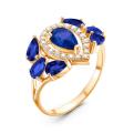 Кольцо из золочёного серебра с пл.кварцем цв.сапфир и фианитами