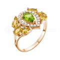 Кольцо из золочёного серебра с кварцем хризолит, цитрин, фианитами шампань и бесцветными фианитами