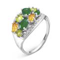 Кольцо из родированного серебра с пл. кварцами изумруд, цитрин, хризолит и фианитами