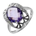 Кольцо из серебра с кварцем аметист и фианитами родированное