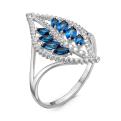 Кольцо из серебра с пл.кварцем цв.сапфир и фианитами родированное
