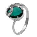 Кольцо из серебра с пл.кварцем цв.изумруд и фианитами родированное