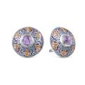 Серьги из родированного серебра с нат. аметистом, перламутром и эмалью