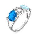 Кольцо из серебра с кварцем топаз swiss blue, sky blue и фианитами родированное