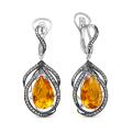 Серьги из серебра с кварцем цитрин и коричневыми фианитами родированные