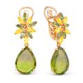 Серьги из золочёного серебра с празиолитом гт, кварцем цитрин и хризолит
