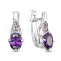 Серьги из серебра с кварцем аметист и фианитами родированные
