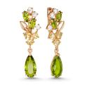 Серьги из золочёного серебра с кварцем хризолит, цитрин и фианитами