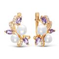 Серьги из золочёного серебра с культ.жемчугом, кварцем аметист и фианитами